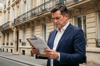Gestionnaire de copropriété consultant un contrat d'assurance PNO devant un immeuble haussmannien à Paris