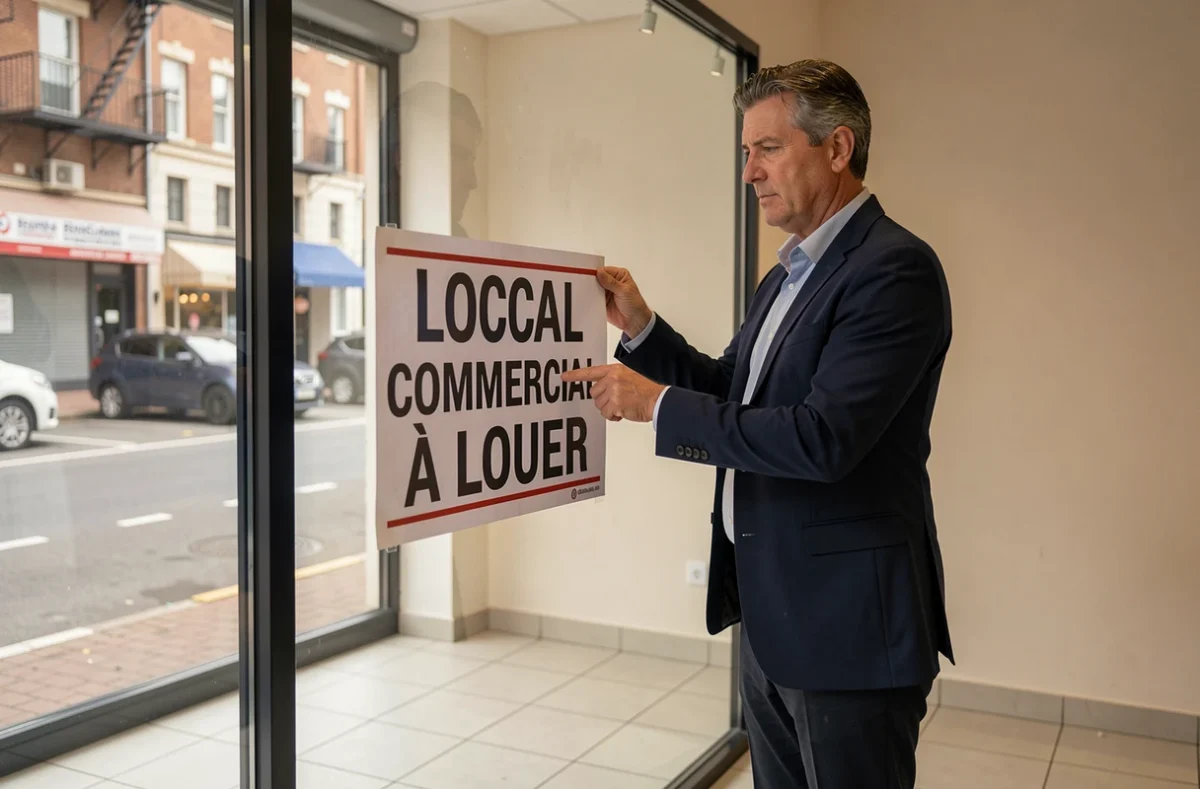 Gestionnaire immobilier posant un panneau À Louer sur la vitrine d'un local commercial