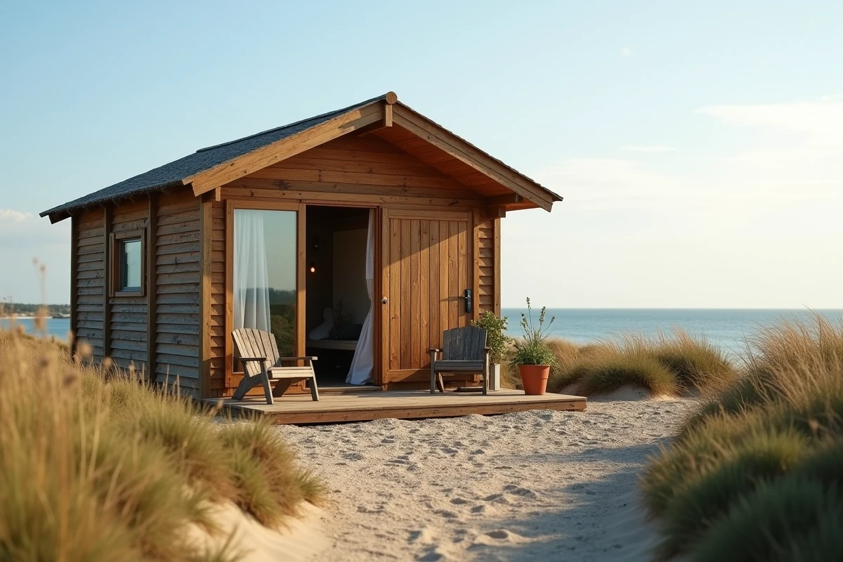 Petit gîte en bois rustique installé sur terrain en bord de mer, exemple de projet d'hébergement touristique côtier avec vue sur les dunes et l'océan