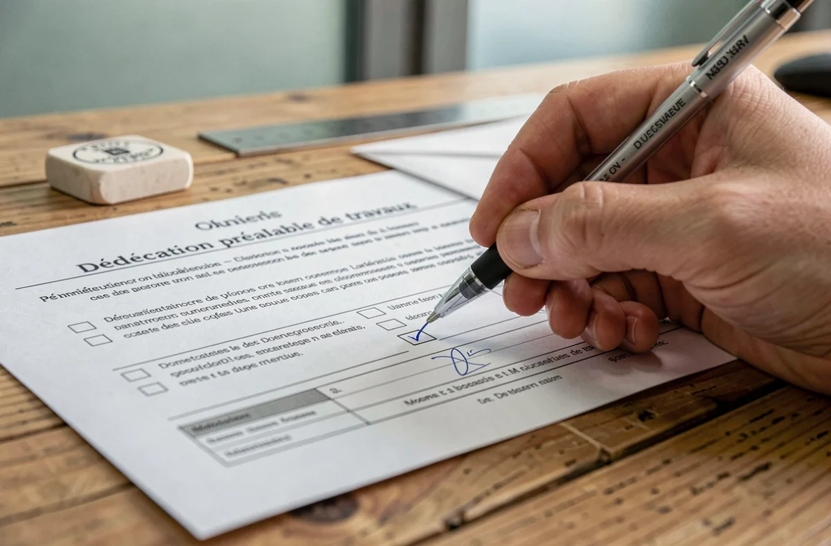 Gros plan d'un formulaire de déclaration préalable de travaux en cours de remplissage avec un stylo sur un bureau en chêne