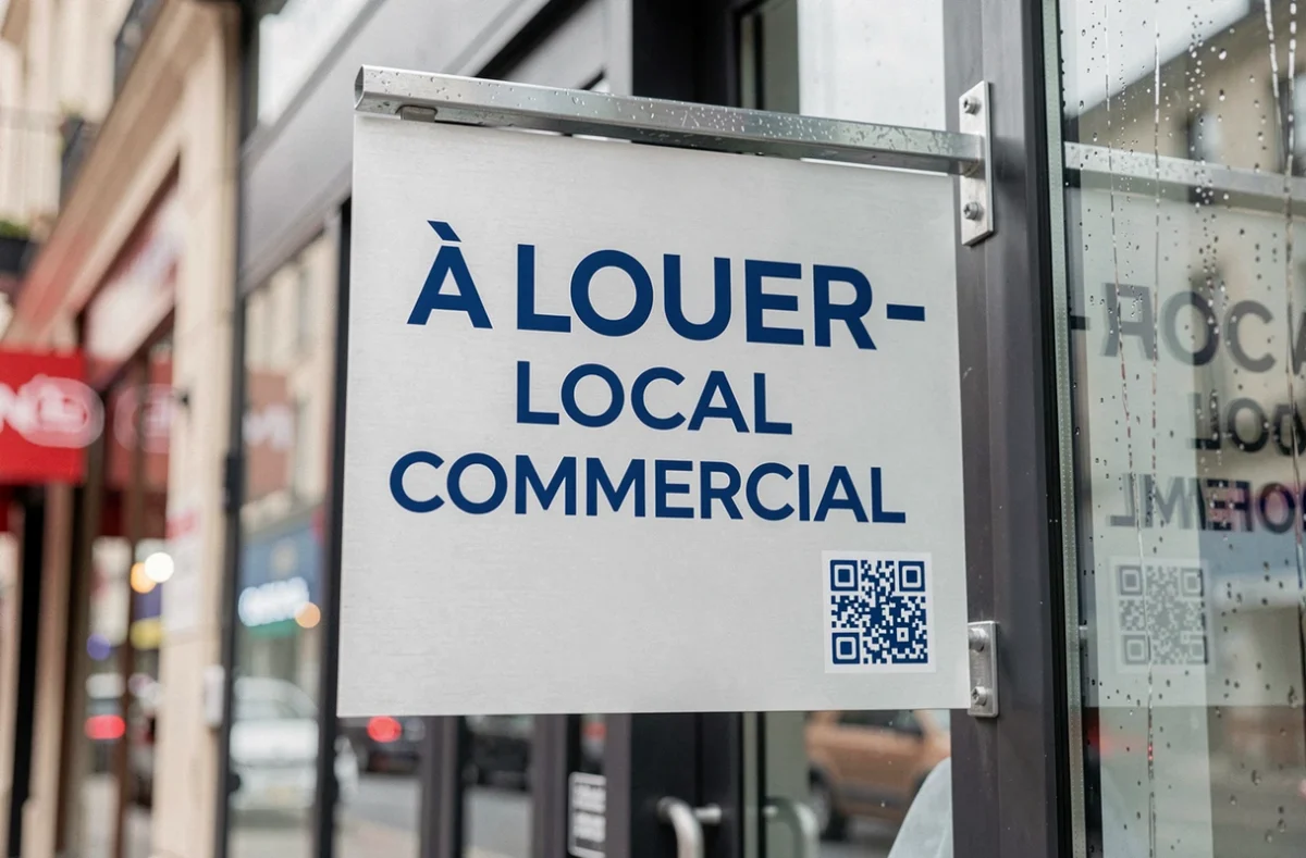 Gros plan sur un panneau professionnel À Louer pour local commercial avec QR code et logo d'agence