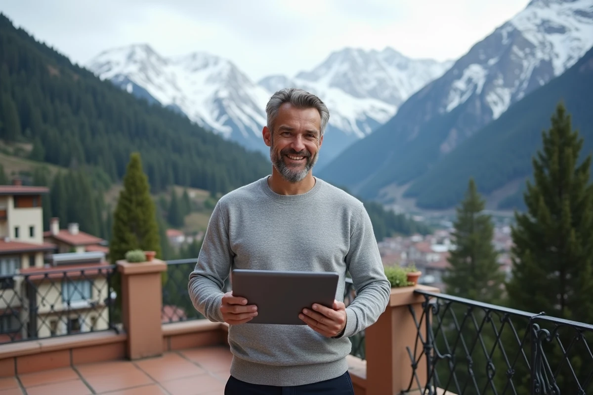 Homme consultant une hausse des prix immobiliers sur tablette depuis un balcon avec vue sur les Pyrénées en Andorre