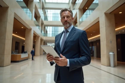 Homme d'affaires en costume dans le lobby d'Almas Tower