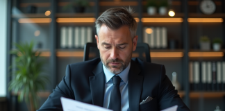 Homme d'affaires en costume examinant des documents financiers