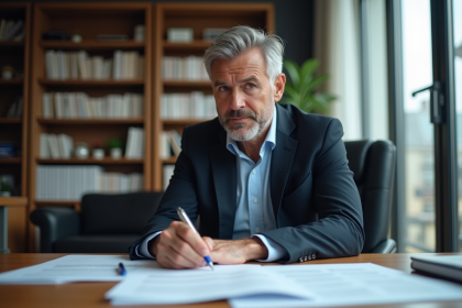 Homme d'affaires en blazer étudiant des documents immobiliers
