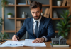 Homme d'affaires en costume bleu examine des documents financiers