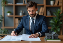 Homme d'affaires en costume bleu examine des documents financiers