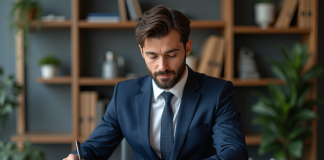 Homme d'affaires en costume bleu examine des documents financiers