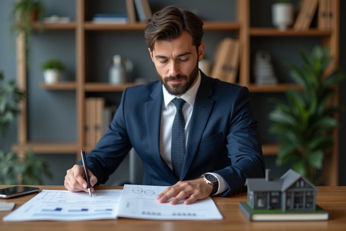 Homme d'affaires en costume bleu examine des documents financiers