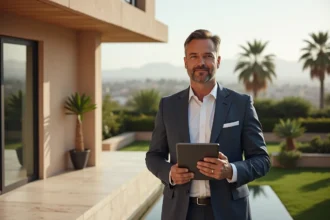 Homme d affaires marocain en costume avec tablette sur terrasse