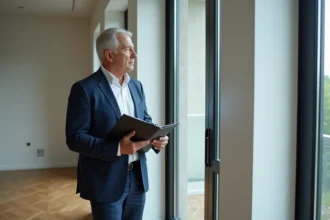 Homme d'affaires en costume regardant dans un salon vide