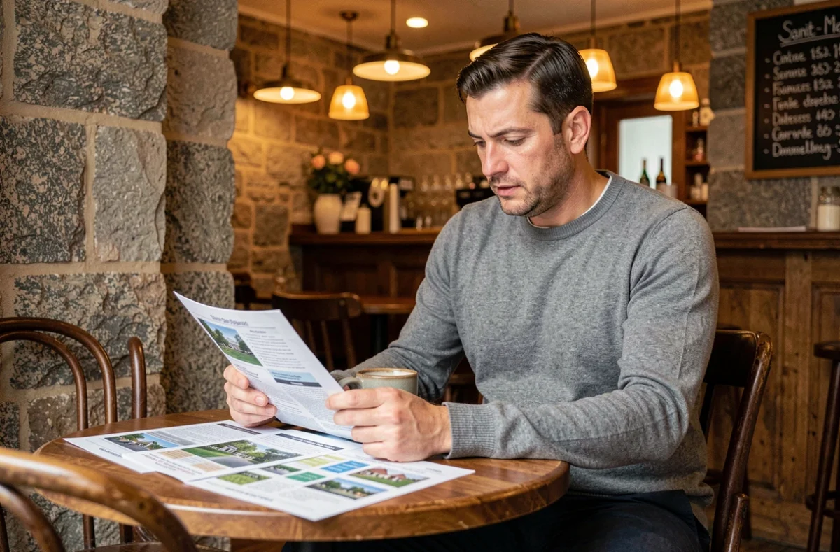 Homme analysant des annonces immobilières et comparant les quartiers de Saint-Malo dans une brasserie locale lors d'un premier achat