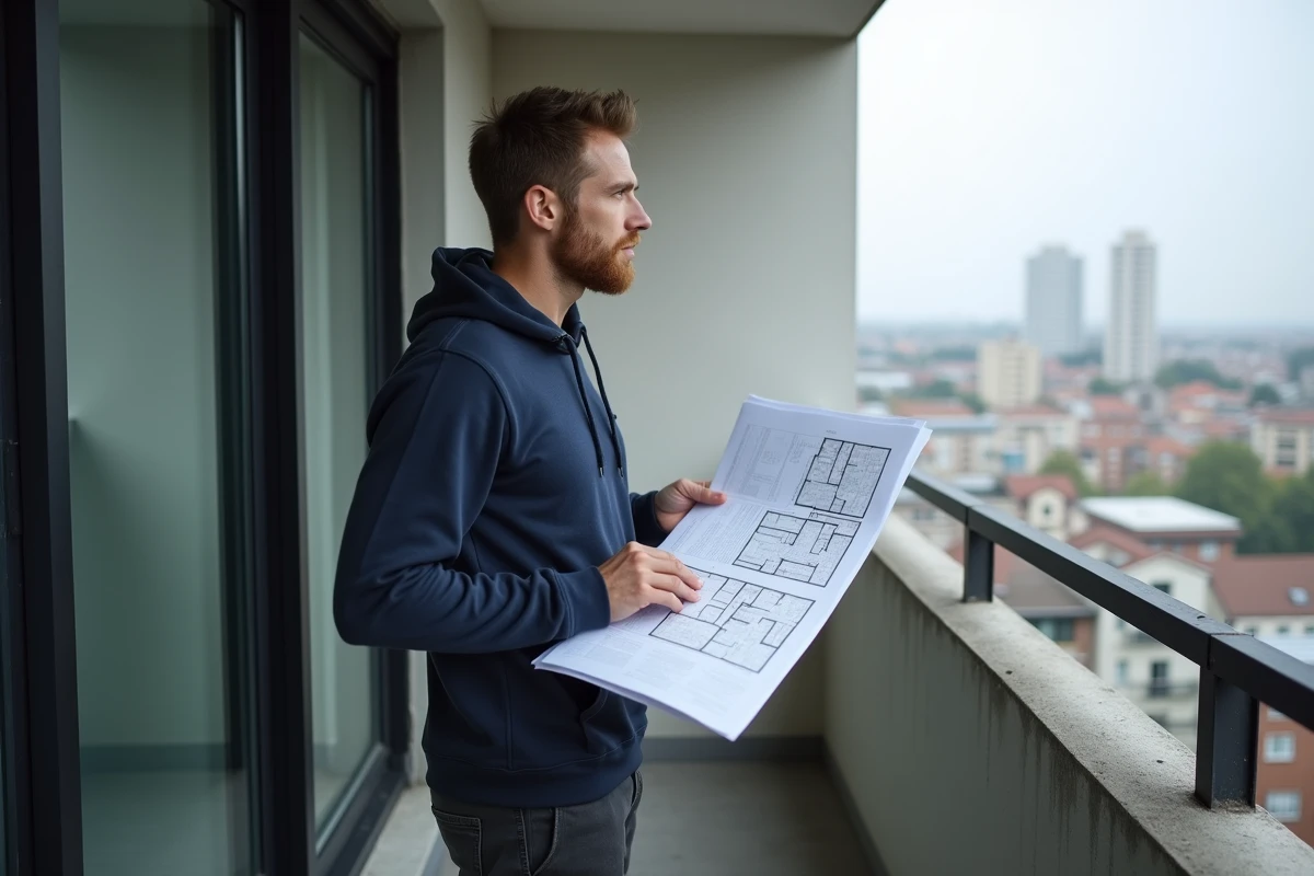 Homme primo-accédant sur le balcon d'un appartement T3 avec plan en main, vue sur quartier résidentiel