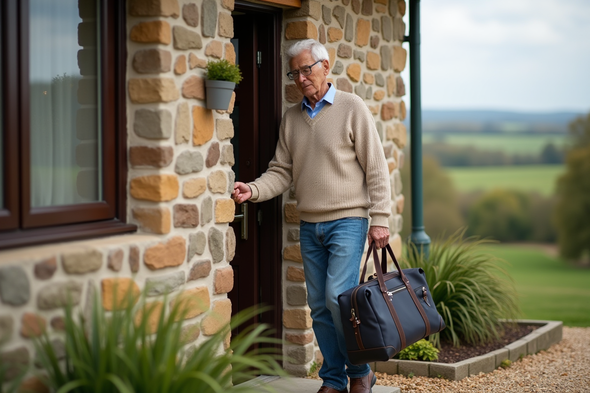 Homme âgé devant une maison de campagne avec sac de voyage