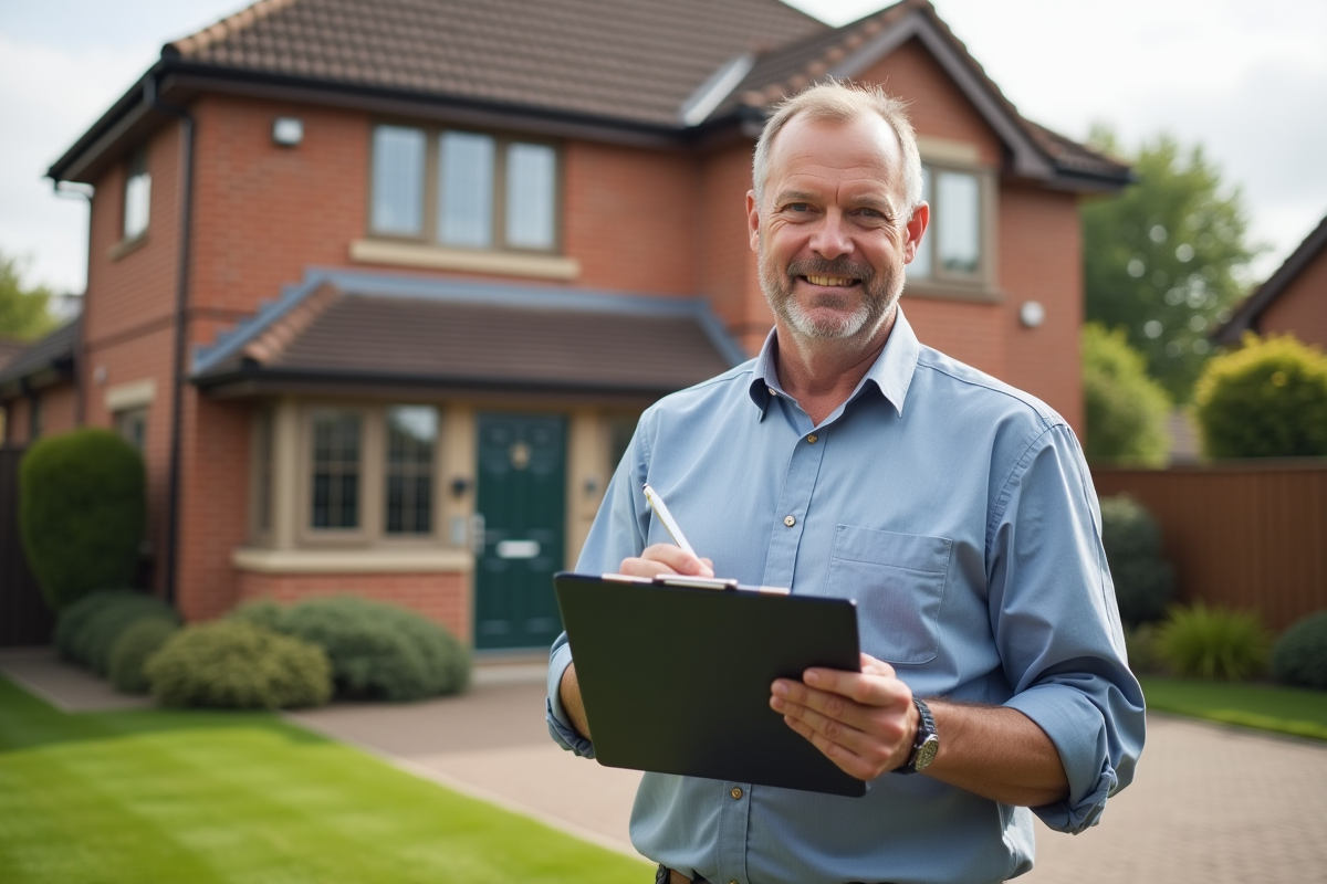 Homme en extérieur devant une maison avec un carnet et stylo