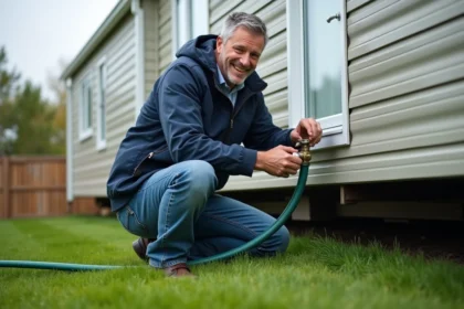 Homme en jeans et coupe-vent connectant un tuyau à une maison mobile