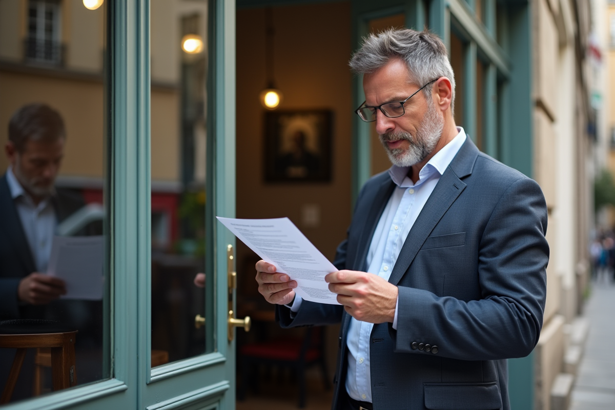 Homme vérifiant un contrat immobilier devant une agence en ville