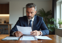 Homme d'âge moyen en costume bleu examine des factures