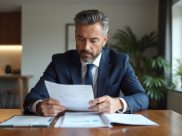 Travaux déductibles de la plus-value : optimisez votre fiscalité ! Homme d'âge moyen en costume bleu examine des factures