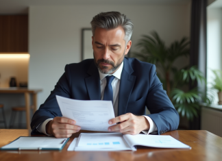 Travaux déductibles de la plus-value : optimisez votre fiscalité ! Homme d'âge moyen en costume bleu examine des factures