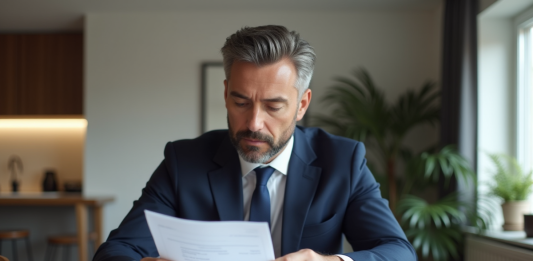 Homme d'âge moyen en costume bleu examine des factures