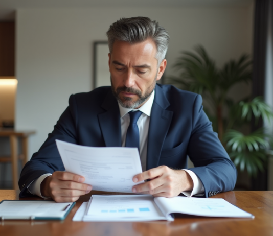 Travaux déductibles de la plus-value : optimisez votre fiscalité ! Homme d'âge moyen en costume bleu examine des factures