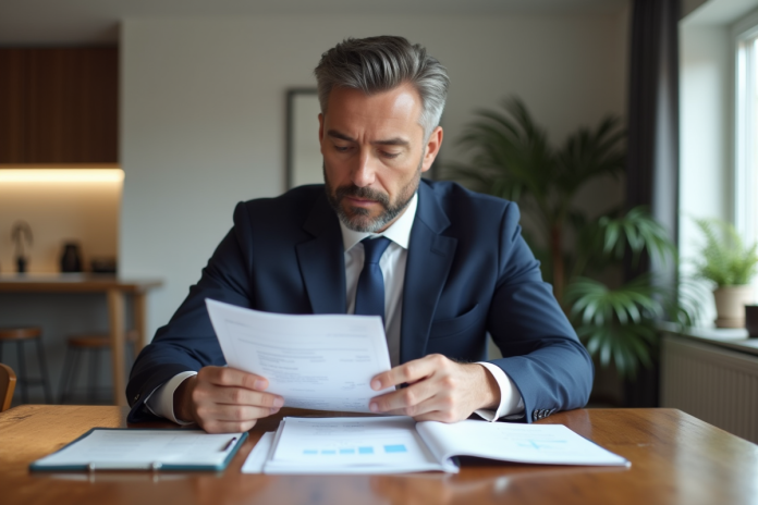 Homme d'âge moyen en costume bleu examine des factures
