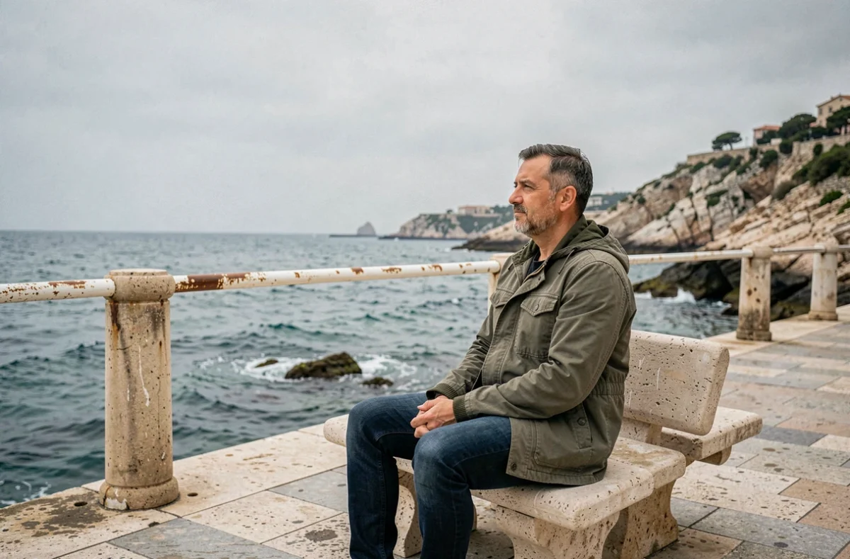 Homme contemplatif sur la Corniche Kennedy à Marseille envisageant une nouvelle vie dans la ville