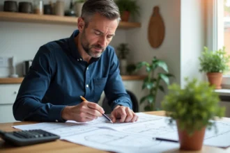 Homme consultant des documents immobiliers PSLA à Toulouse avec calculatrice sur une table en bois