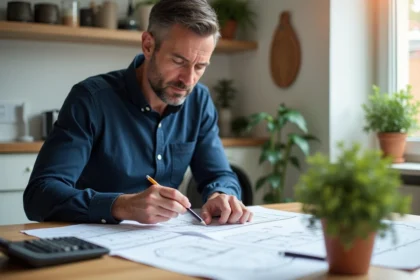 Homme consultant des documents immobiliers PSLA à Toulouse avec calculatrice sur une table en bois