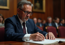 Homme d'âge moyen en costume bleu examine un catalogue d'enchères