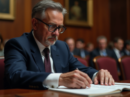 Homme d'âge moyen en costume bleu examine un catalogue d'enchères
