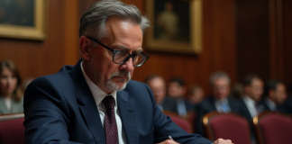 Homme d'âge moyen en costume bleu examine un catalogue d'enchères