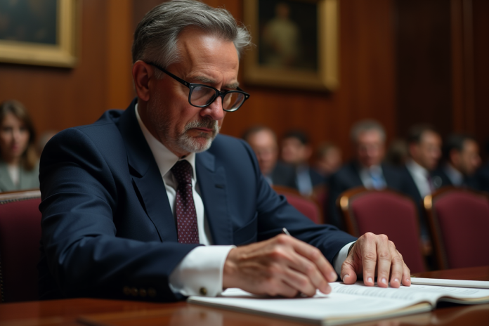 Homme d'âge moyen en costume bleu examine un catalogue d'enchères