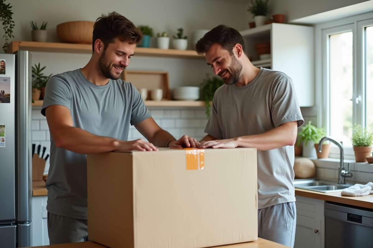 Père et fils scellant une boîte dans la cuisine familiale