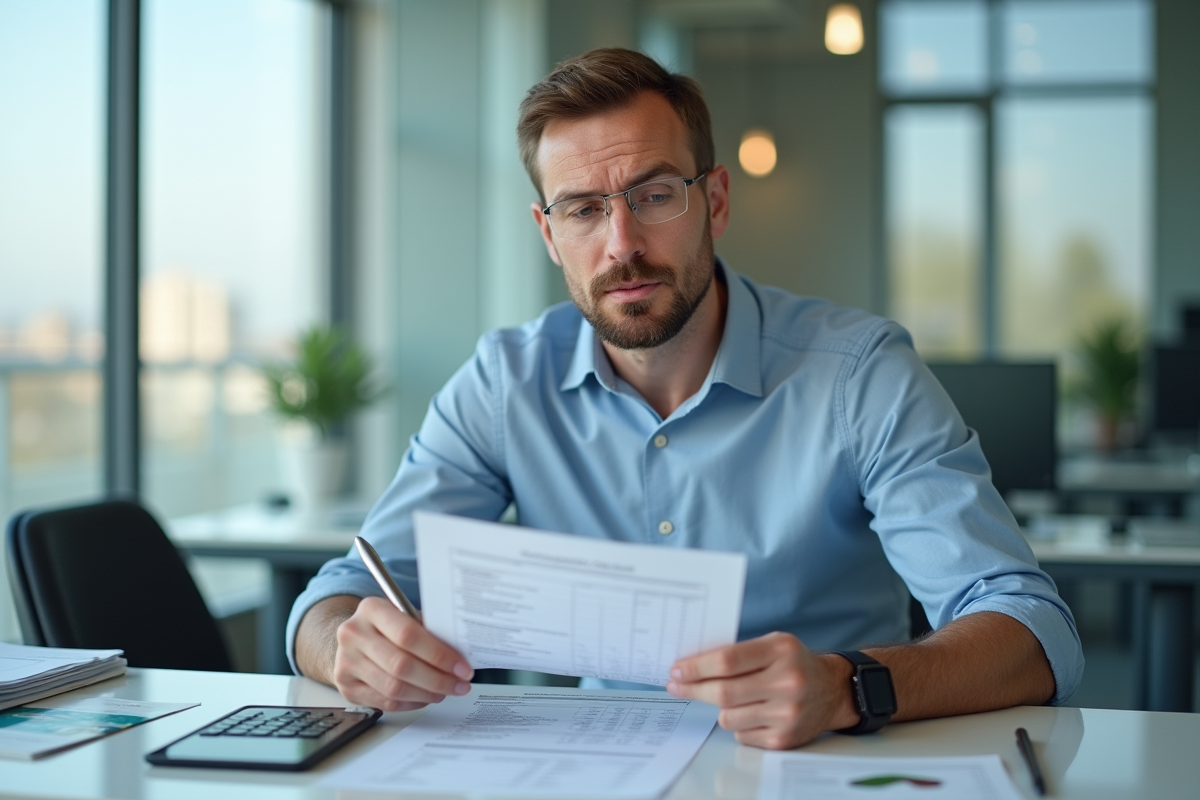 Homme étudiant un document de prêt hypothécaire dans un bureau lumineux