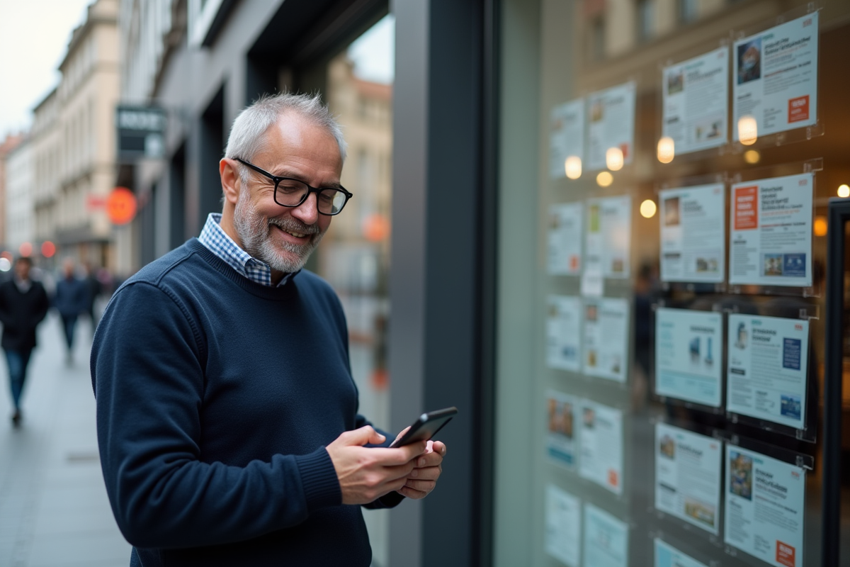 Homme d âge moyen consulte son smartphone devant une agence immobilière urbaine