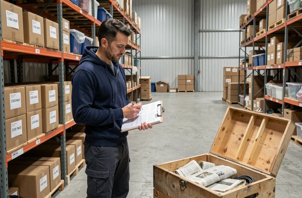 Homme inspectant des box abandonnées dans un garde-meuble français lors d'une vente aux enchères de stockages non réclamés