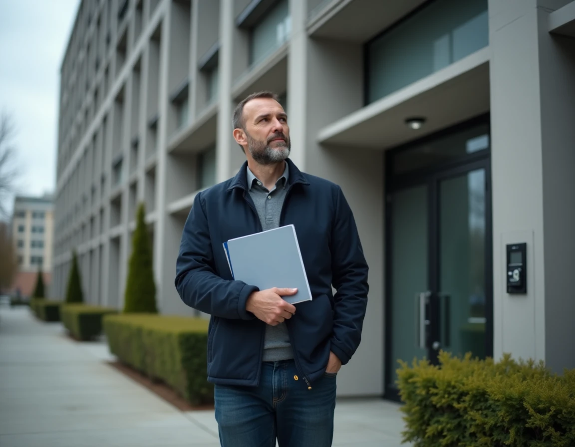 Homme tenant un dossier de location devant un immeuble résidentiel urbain, illustrant la recherche d'appartement sans fiche de paie après un divorce