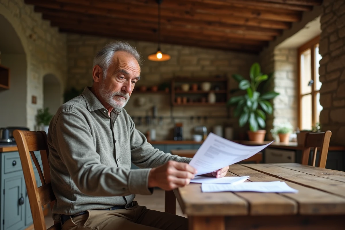 Homme dans une ferme normande examine des factures