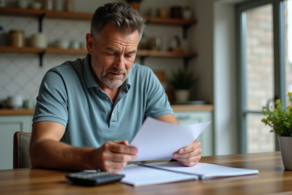 Homme d'âge moyen révisant des papiers dans la cuisine