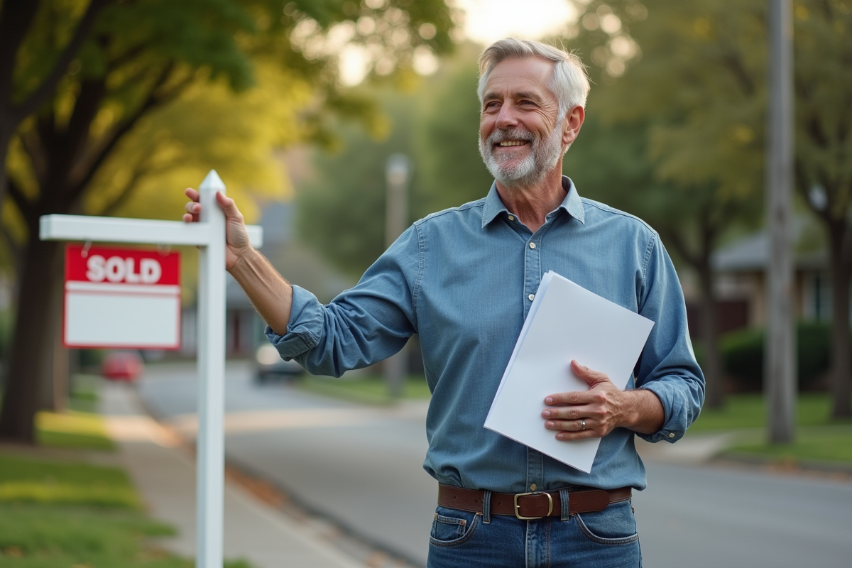 Homme devant une maison avec panneau vendu