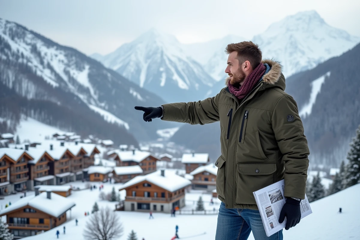 Jeune homme pointant vers le village de ski enneige