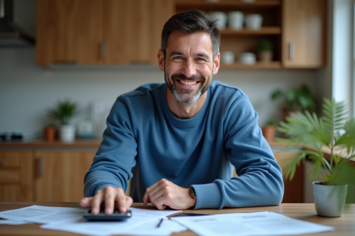 homme-souriant-impots-renovation Homme souriant avec papiers et calculatrice à la maison