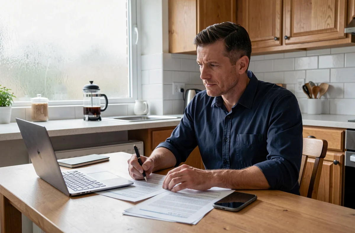 Homme en télétravail examinant des documents d'assurance habitation à sa table de cuisine convertie en espace de travail