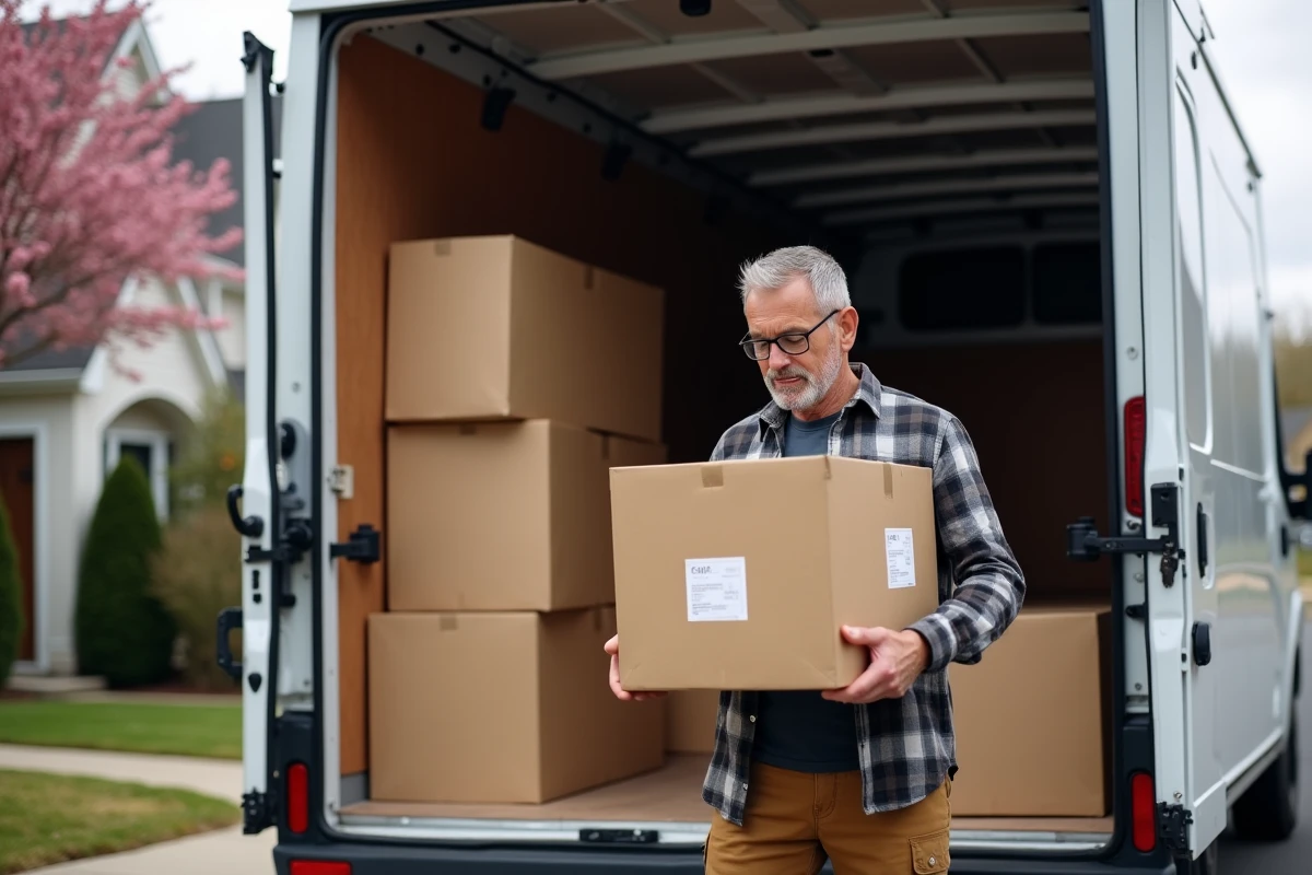 Homme triant des affaires dans un camion de déménagement