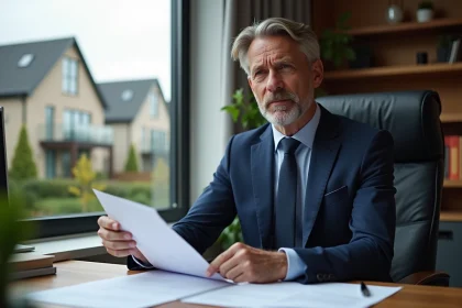 Homme d affaires en costume bleu examine des documents immobiliers