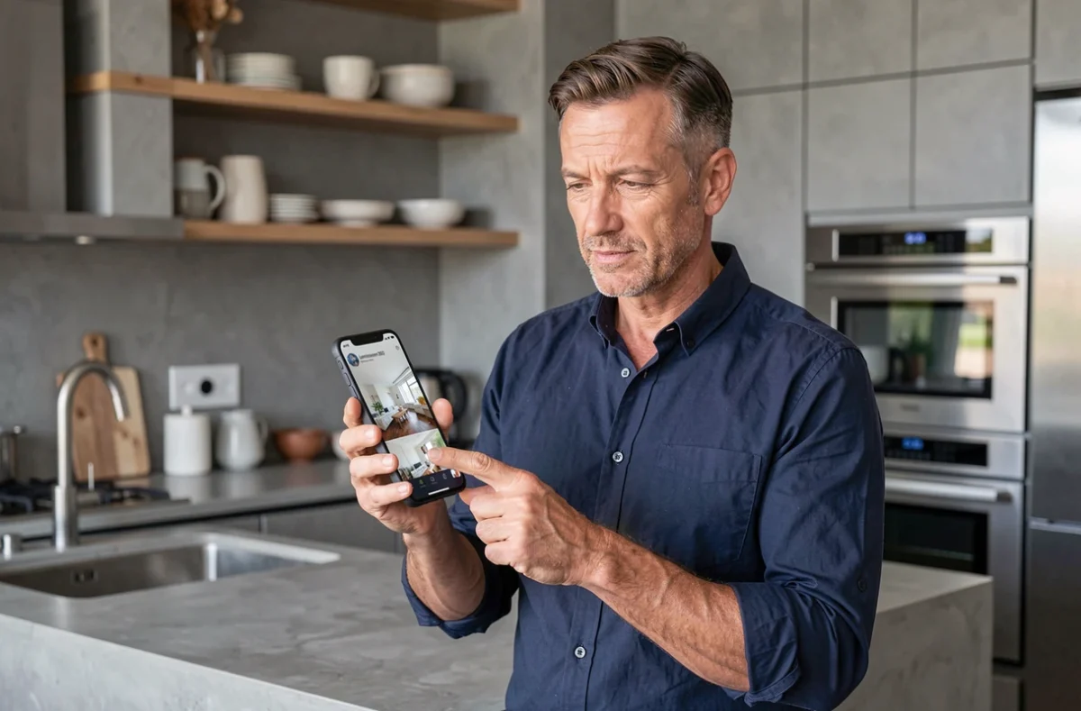 Homme explorant une visite virtuelle de maison sur smartphone dans une cuisine moderne