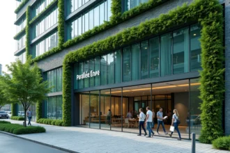 Façade extérieure de l'immeuble Parallèle Enedis avec jardins verticaux et architecture durable en milieu urbain