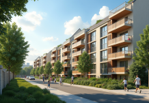 Immeuble renové dans un quartier urbain français avec familles